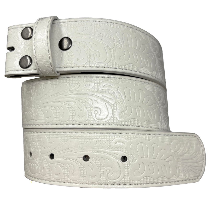 BC Belts Western Leather Belt Strap - 1.5â€ Wide Embossed Scrollwork for Men & Women Cowboy/Cowgirl (White-M) - Image 1